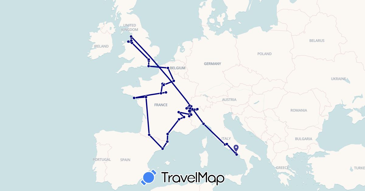 TravelMap itinerary: driving in Switzerland, Spain, France, United Kingdom, Italy (Europe)